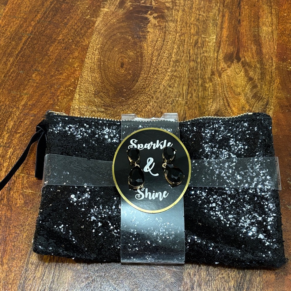 NWT Sparkle & Shine Black Glitter Clutch with Earrings